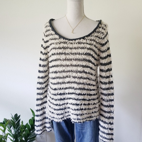 Free People Sweaters - Free People Dark Gray Cream Stripe FUZZY sweater